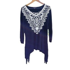 Multiples Western Tunic Lace Bib SharkBite Fringed Hem‎ Long Sleeve Top Blk Sz M